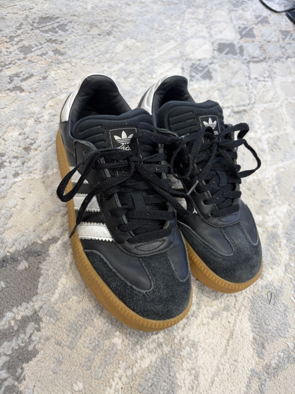 adidas sambas Black Leather Sneakers with White Stripes and thicker Sole.